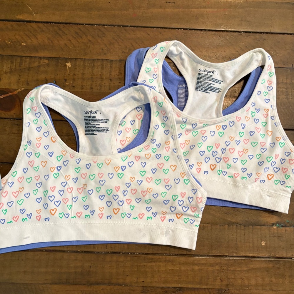 Cat & Jack Seamless Bras 2 Pack Girls Large White Heart Print Blue Racerback L